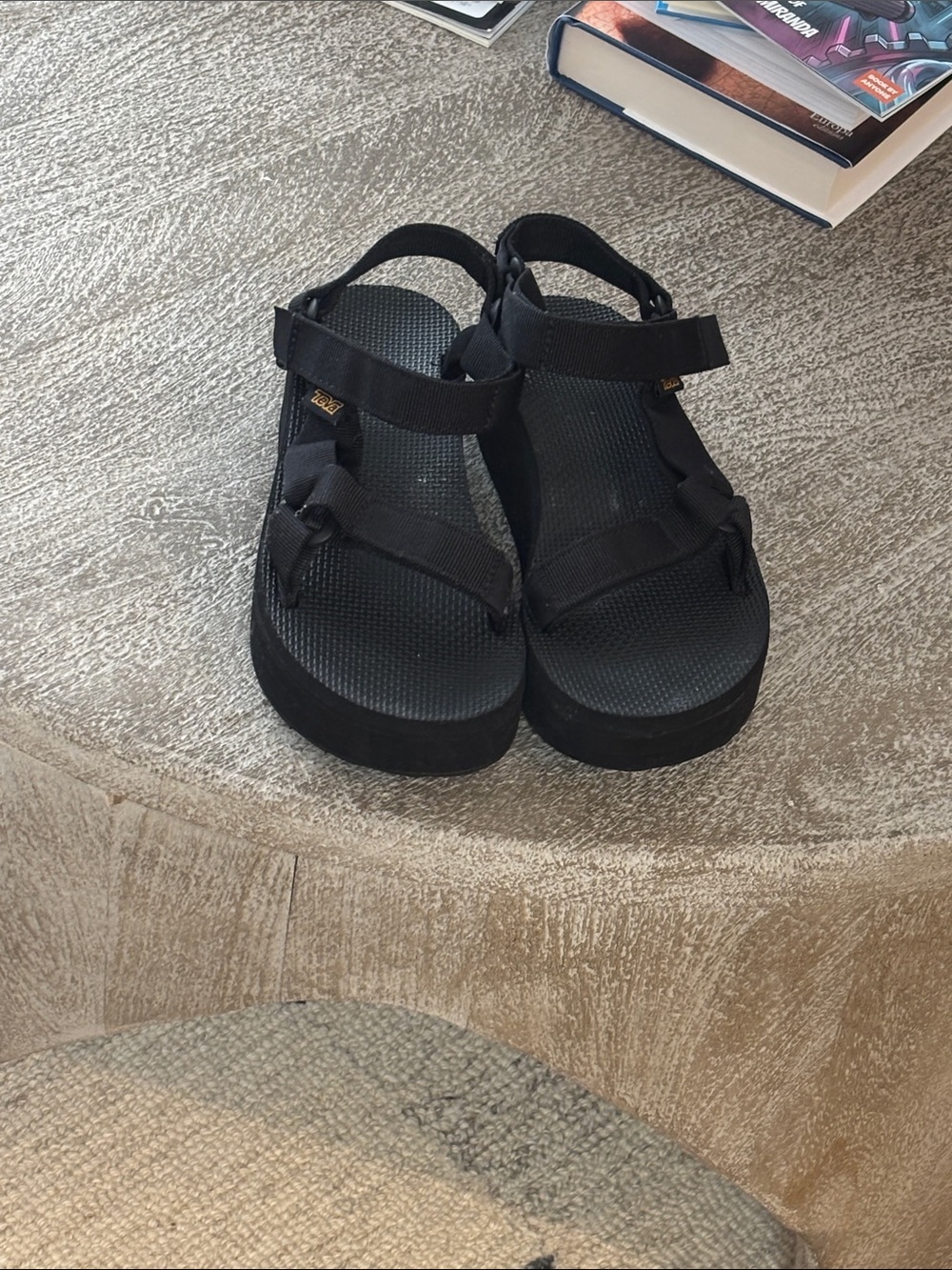 Teva Black Platform Strappy Sandals with Gold Logo